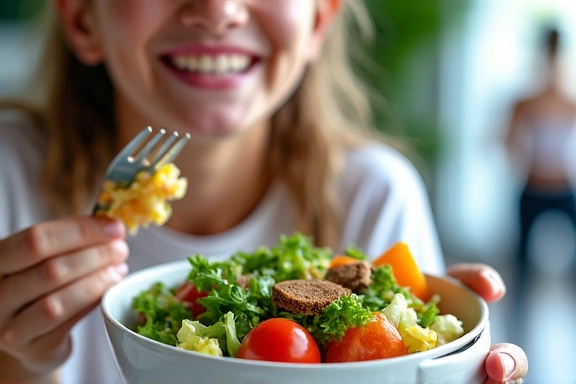 Person happily eating a fresh salad and exercising
