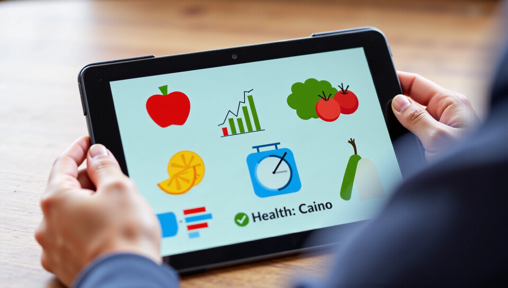 Person interacting with a screen with health-related graphics