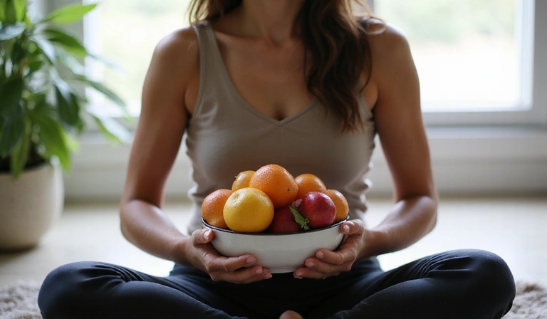 A person meditating while holding a bowl of fresh fruit, symbolizing mindful eating and inner peace.